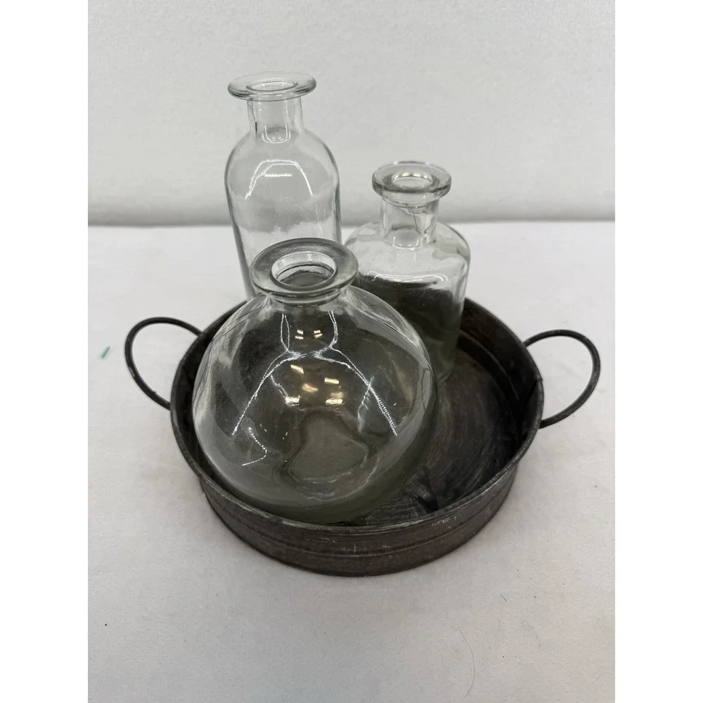 Set Of 3 Clear Glass Bud Vases In Distressed Galvanized Tray